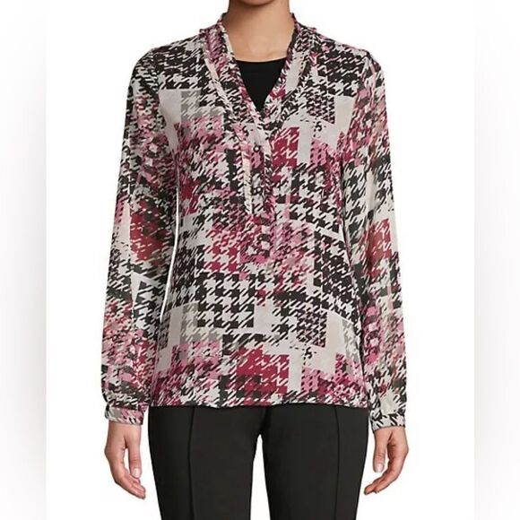 Karl Lagerfeld Paris Houndstooth-Print Chiffon Top Blouse Sz M Office Career - Picture 1 of 9